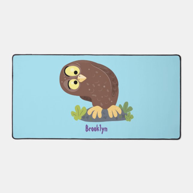 Cute curious funny brown owl cartoon illustration desk mat (Front)