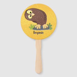 Cute curious funny brown owl cartoon illustration hand fan