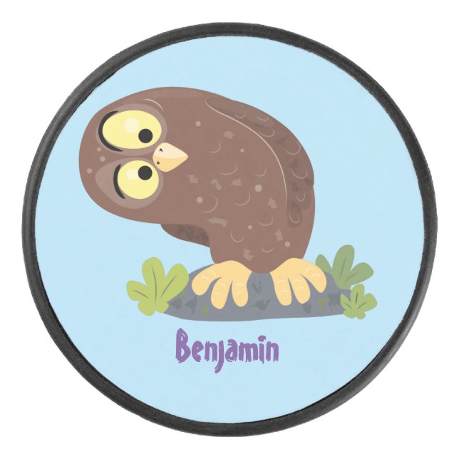 Cute curious funny brown owl cartoon illustration hockey puck (Front)