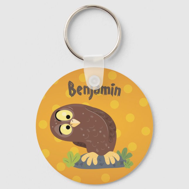 Cute curious funny brown owl cartoon illustration keychain (Front)