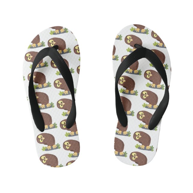 Cute curious funny brown owl cartoon illustration kid's flip flops (Footbed)