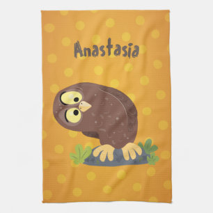 Cute curious funny brown owl cartoon illustration kitchen towel