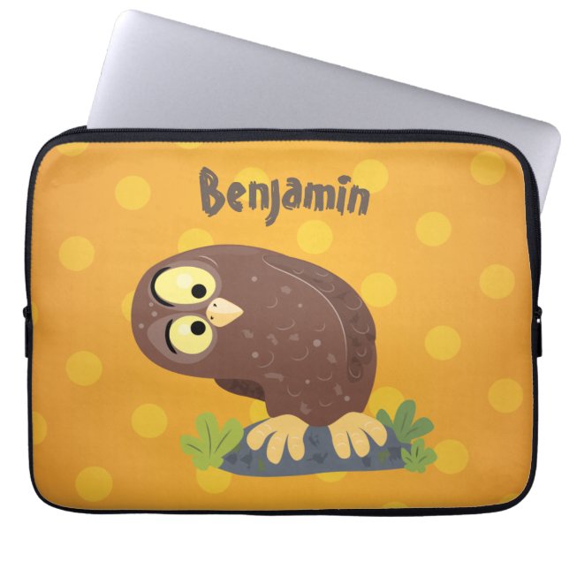 Cute curious funny brown owl cartoon illustration laptop sleeve (Front)