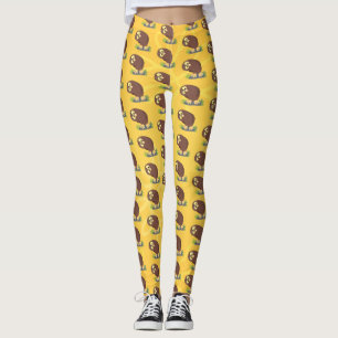 Cute curious funny brown owl cartoon illustration leggings
