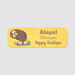 Cute curious funny brown owl cartoon illustration  name tag