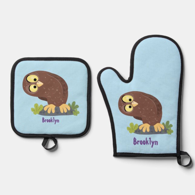 Cute curious funny brown owl cartoon illustration oven mitt & pot holder set (Front)