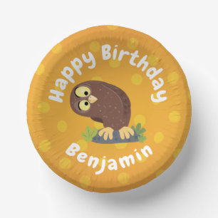 Cute curious funny brown owl cartoon illustration paper plate