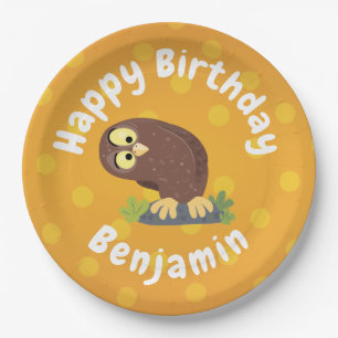 Cute curious funny brown owl cartoon illustration paper plate