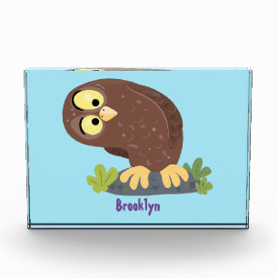 Cute curious funny brown owl cartoon illustration photo block