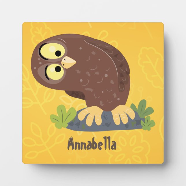 Cute curious funny brown owl cartoon illustration plaque (Front)