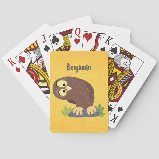 Cute curious funny brown owl cartoon illustration playing cards (Back)