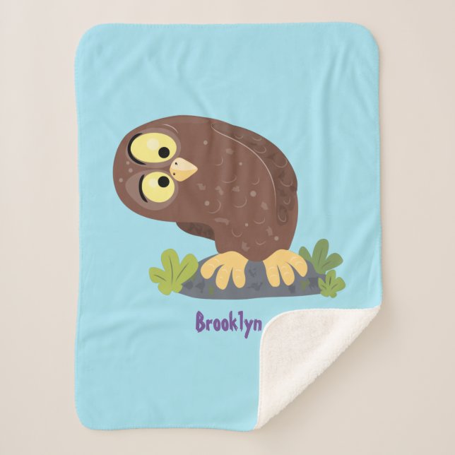 Cute curious funny brown owl cartoon illustration sherpa blanket (Front)