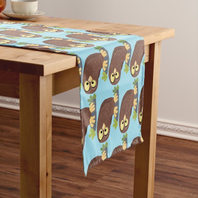 Cute curious funny brown owl cartoon illustration short table runner (In Situ)
