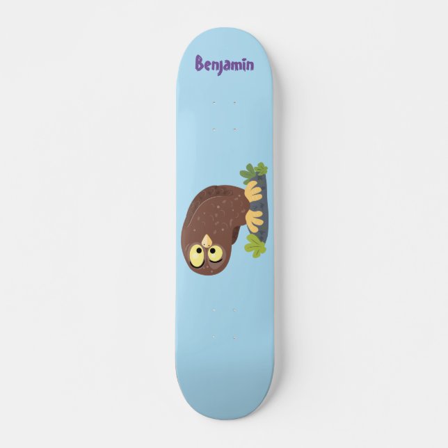 Cute curious funny brown owl cartoon illustration skateboard (Front)
