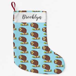 Cute curious funny brown owl cartoon illustration small christmas stocking
