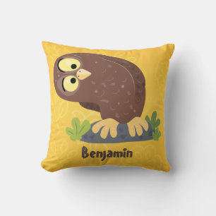 Cute curious funny brown owl cartoon illustration throw pillow