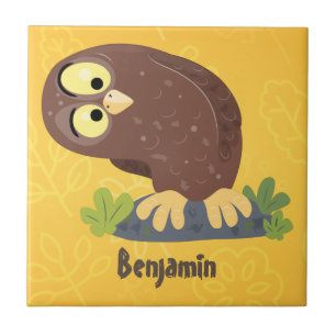 Cute curious funny brown owl cartoon illustration tile