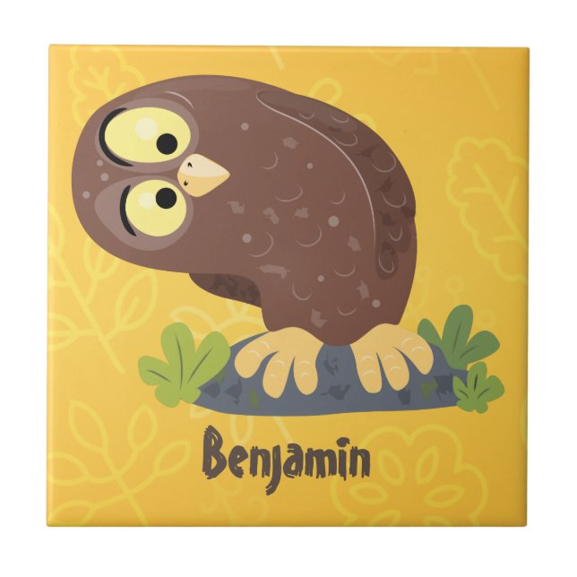 Cute curious funny brown owl cartoon illustration tile (Front)