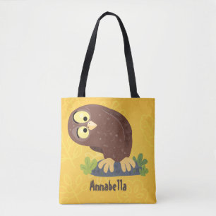 Cute curious funny brown owl cartoon illustration tote bag