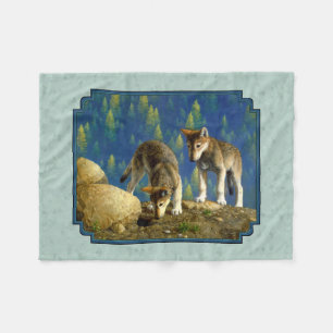 Cute Curious Grey Wolf Pups Fleece Blanket