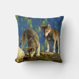 Cute Curious Grey Wolf Pups Throw Pillow
