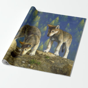 Cute Curious Grey Wolf Pups Wrapping Paper