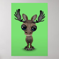 Cute Curious Moose with Big Eyes on Green