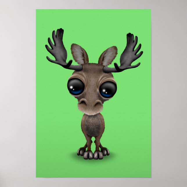 Cute Curious Moose with Big Eyes on Green Poster (Front)