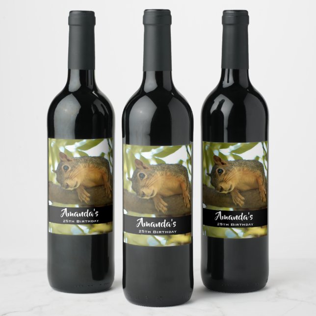 Cute & Curious Squirrel Nature Photo - Birthday Wine Label (Bottles)