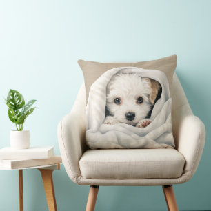 CUTE CURLY HAIRED WHITE PUPPY UNDER BLANKET THROW PILLOW
