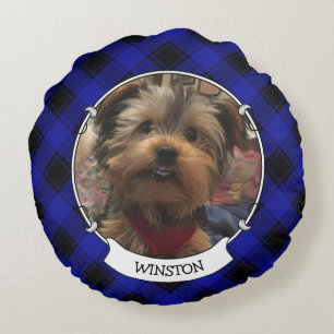 Cute Custom 2 Photo Frame Blue and Black Plaid Round Pillow