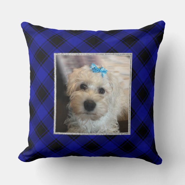 Cute Custom 2 Photo Frame Pets Blue & Black Plaid Throw Pillow (Front)