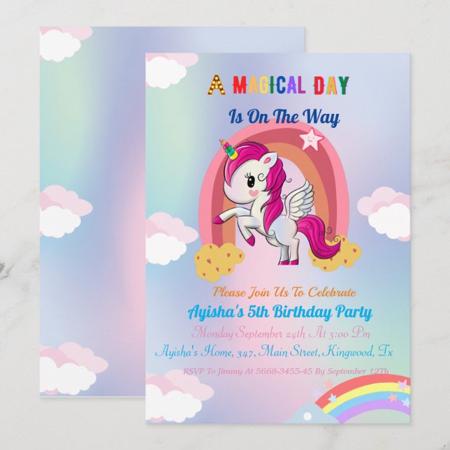  Cute  custom 5th Unicorn Birthday Party  Invit In Invitation (Front/Back)