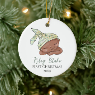 Cute Custom African American Baby First Christmas Ceramic Ornament