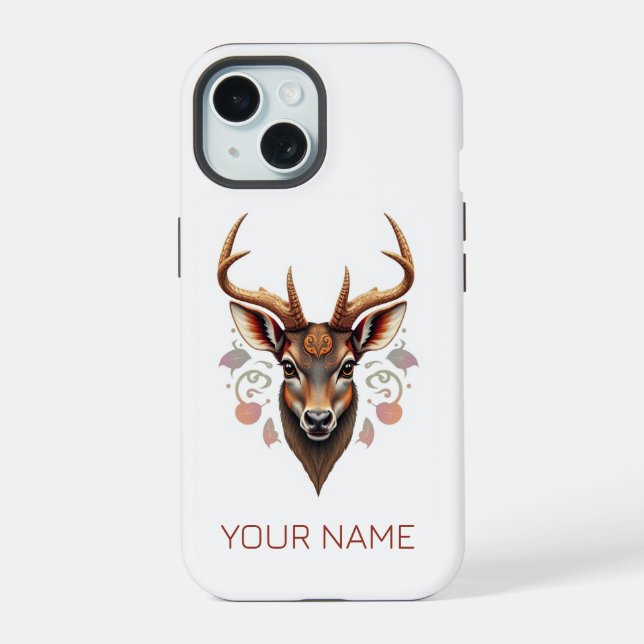 Cute Custom Animal Phone Case. Deer Head. Brown iPhone 15 Case (Back)