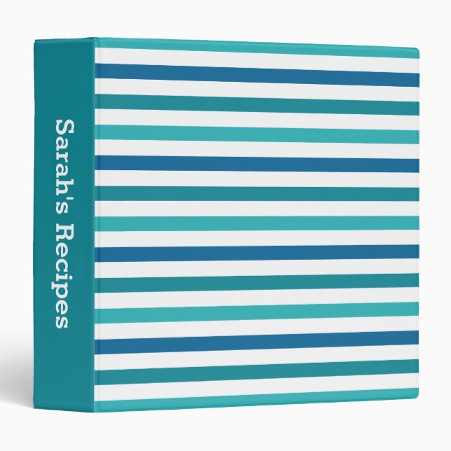 Cute Custom Aqua Teal Blue Stripes Recipe Binder (Front/Spine)