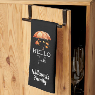 Cute Custom Autumn | Hello Fall Personalized Black Kitchen Towel