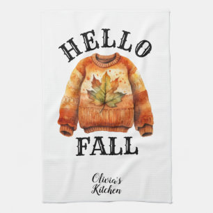 Cute Custom Autumn Hello Fall Personalized White Kitchen Towel