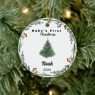 Cute Custom Baby First Christmas tree Watercolor Ceramic Ornament