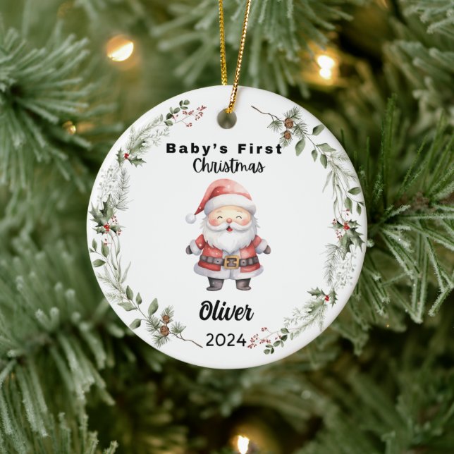 Cute Custom Baby First Watercolor Santa  Ceramic Ornament (Tree)