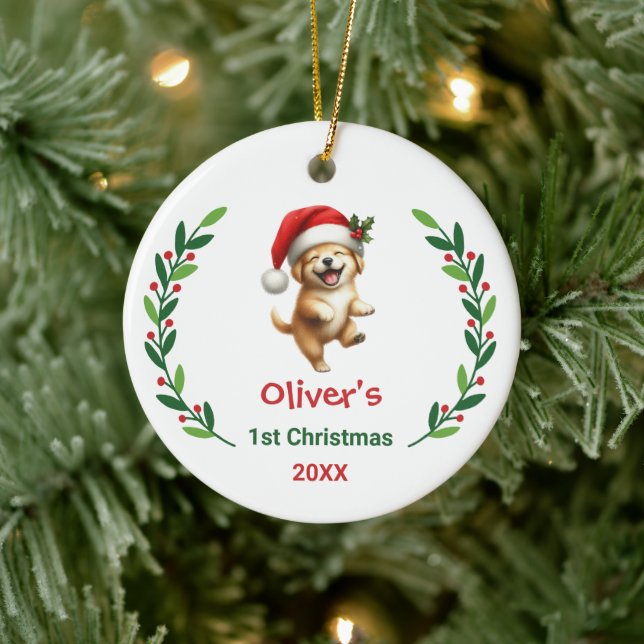 Cute Custom Baby's First Christmas Festive Puppy Ceramic Ornament (Tree)