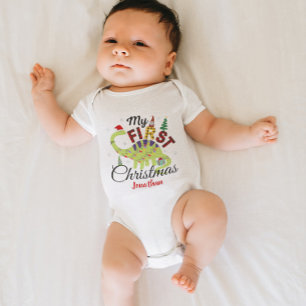 Cute Custom Baby's First Christmas Gnome Dinosaur  Baby Bodysuit