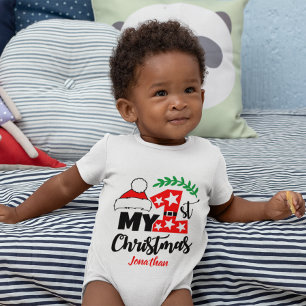 Cute Custom Baby's First Christmas Santa Hat Stars Baby Bodysuit