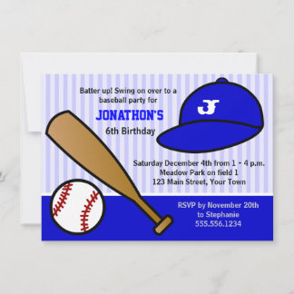 Cute Custom Baseball Birthday Party Blue and White Invitation