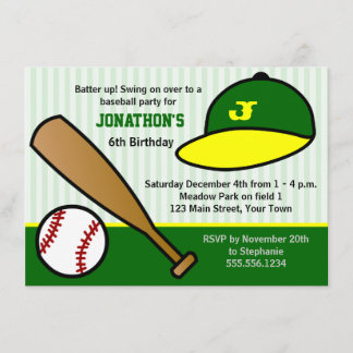 Cute Custom Baseball Birthday Party Green & Yellow Invitation