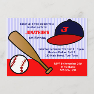 Cute Custom Baseball Birthday Party - Red and Blue Invitation