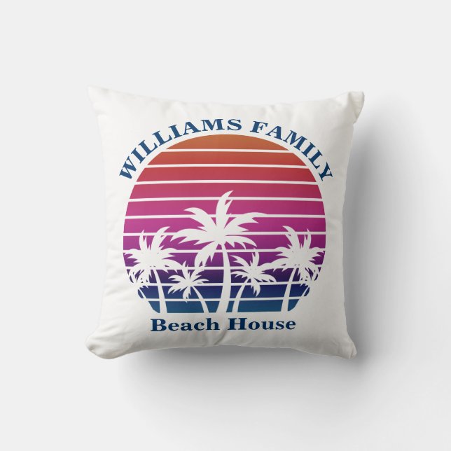 Cute Custom Beach House Palm Tree Tropical Sunset Throw Pillow (Front)