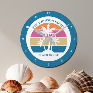 Cute Custom Beach House Palm Trees Blue Round Clock