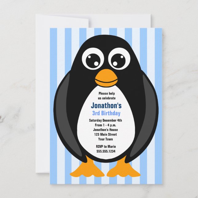 Cute Custom Birthday Party Penguin Invite - Blue (Front)