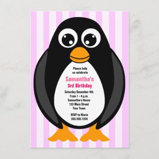 Cute Custom Birthday Party Penguin Invite - Pink